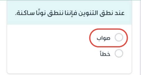 عند نطق التنوين فإننا ننطق نونا ساكنة. صواب خطأ