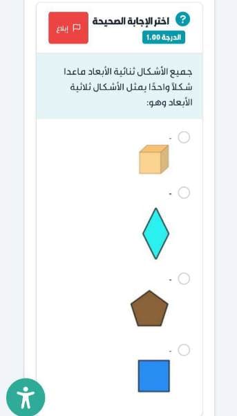 جميع الأشكال ثنائية الأبعاد ماعدا شكلاً واحدًا يمثل الأشكال ثلاثية الأبعاد وهو
